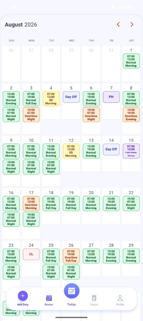 SLHRoster Real Duty Roster Calendar Screen